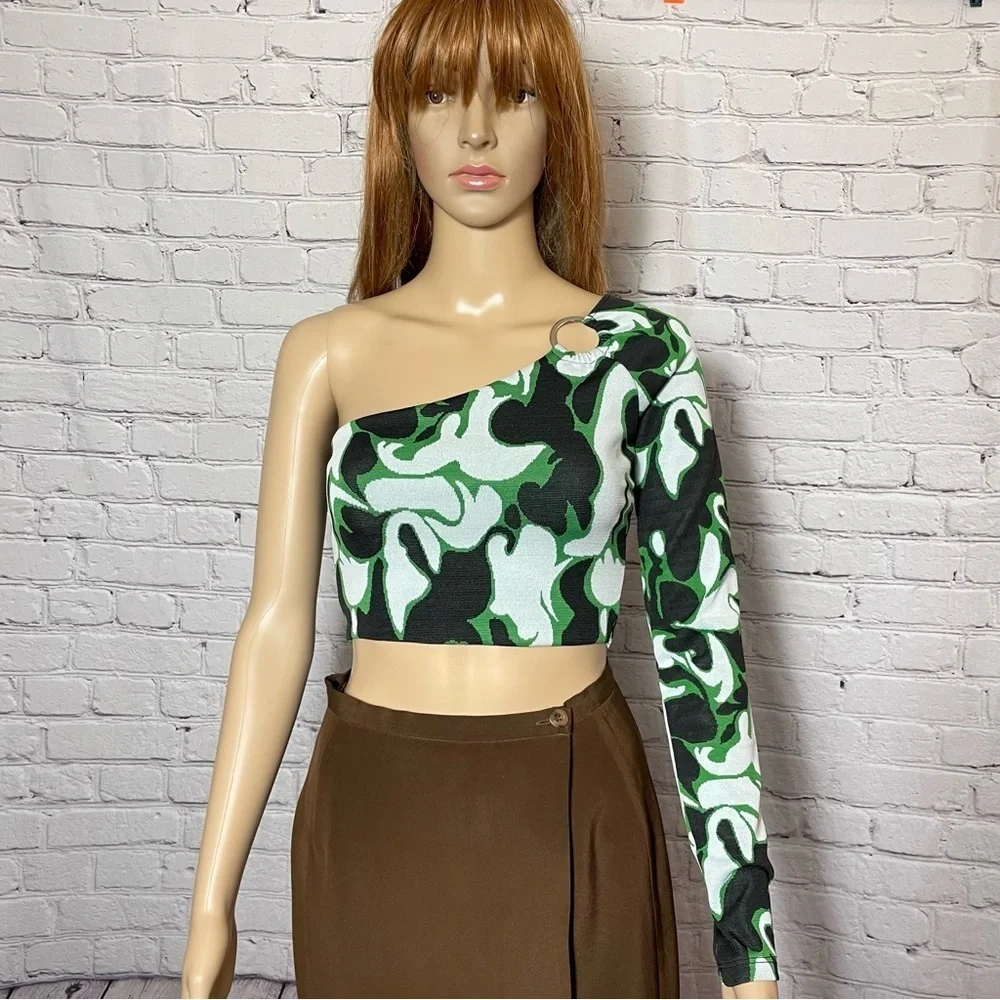 NWT New ZARA Asymmetrical Green Black Jacquard One Sleeve Top Size S